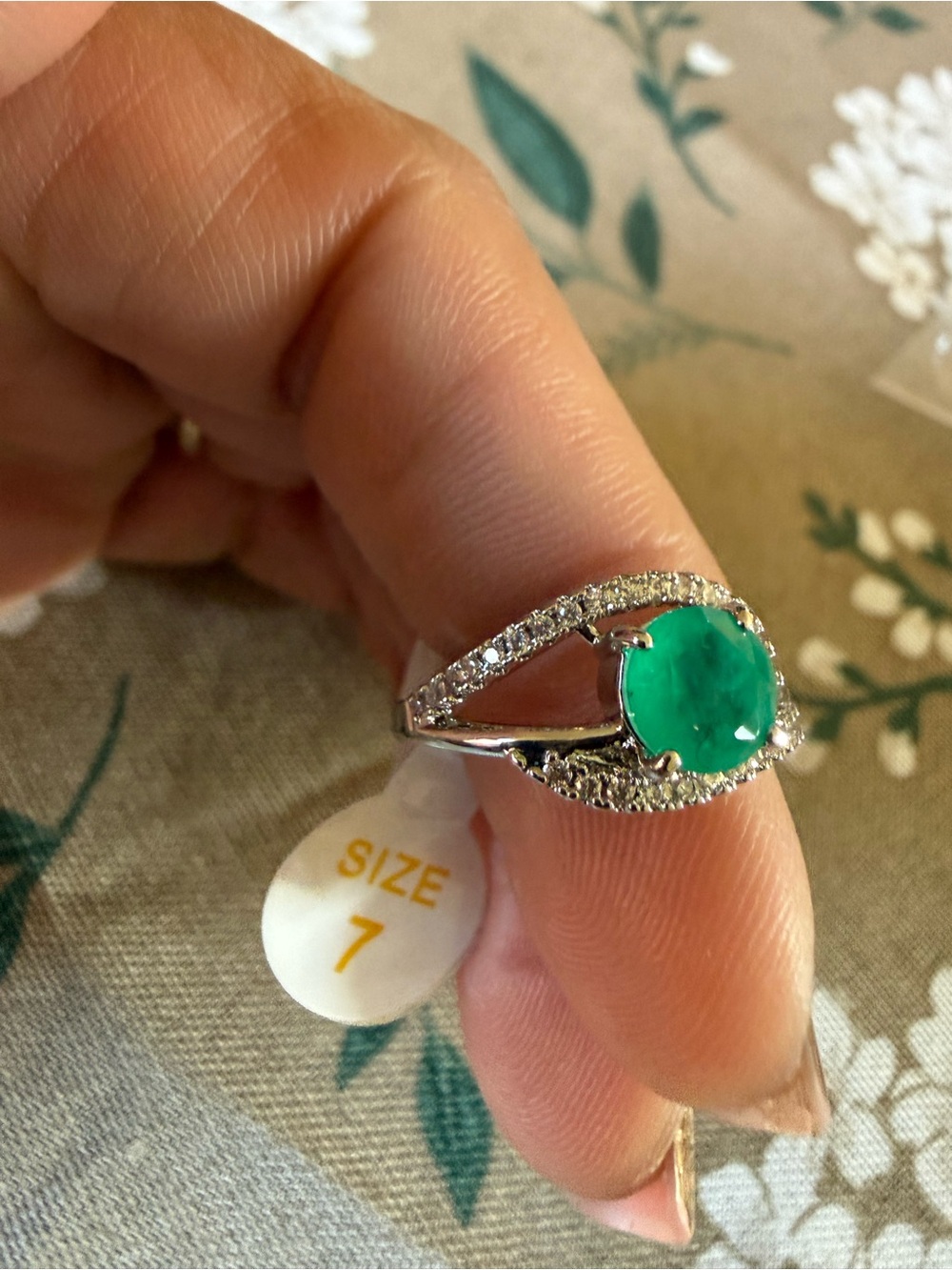 Classic Silver Ring with Vivid Green Center Stone and Pavé Accents